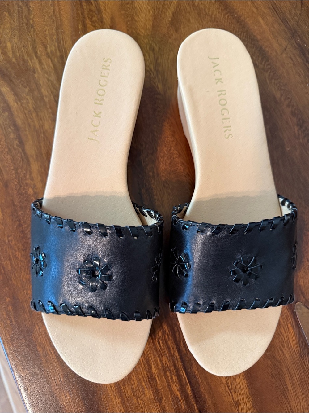 Jack Rogers Black Leather Floral Slide Sandals